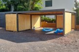 Tettoia auto in legno doppia con una parete laterale e ripostiglio attrezzi LUNA DUO F PLUS, 7.6x5.6 m customer 1