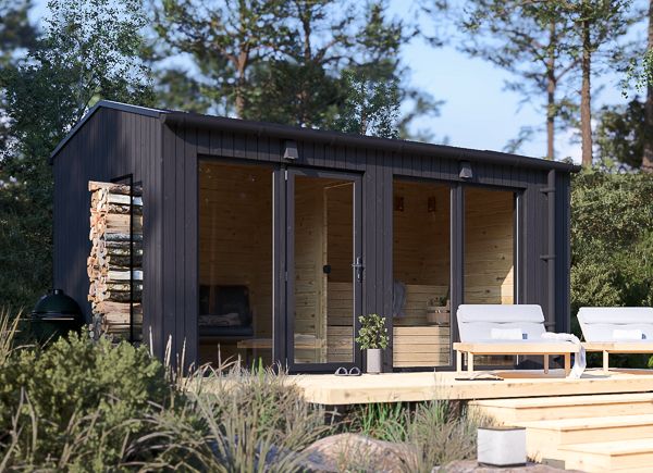 Sauna in legno SERENE 2 con spogliatoio (legno bruciato) – 4,5×2,5 m, 9,35 m² avp.ui.product_images.thumbnail 1