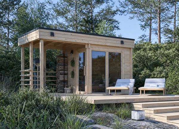 Sauna in legno FREJA con terrazza coperta | Tronco massiccio – 4,54×2,54 m, 9,15 m² thumbnail 1