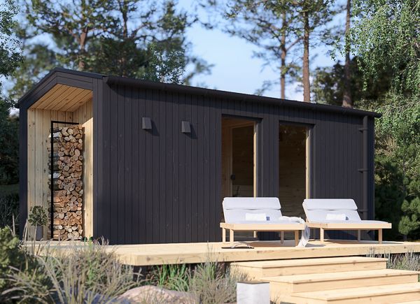 Sauna in legno SERENE 3 con spogliatoio e portico (legno bruciato + pino naturale) – 5,3×2,5 m, 10,65 m² avp.ui.product_images.thumbnail 1