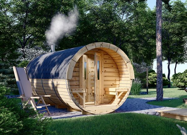 Sauna da esterno a botte con spogliatoio HELGA 59 (46 mm), 5.9 m, ⌀ 1.97 m avp.ui.product_images.thumbnail 1