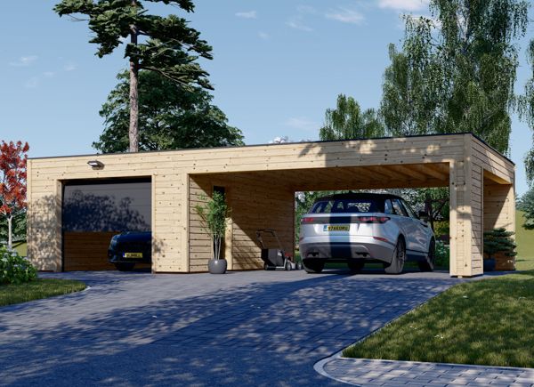 Garage in legno SILVIA F (34 mm + rivestimento), 4x6 m, con tettoia auto in legno 6x6 m avp.ui.product_images.thumbnail 1