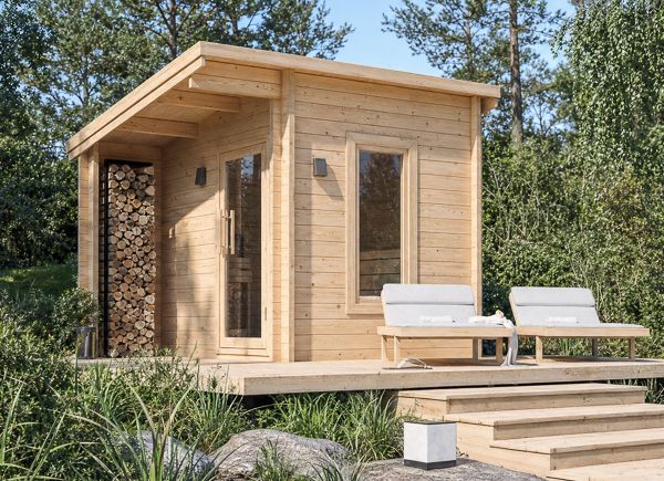 Sauna in legno VIGOR 1 con portico | Tronchi massicci – 3,30×2,50 m, 6,65 m² thumbnail 1