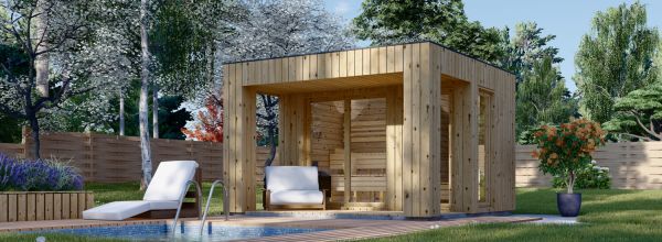 Sauna da esterno DELLA (34 mm + rivestimento), 3,6 x 2,1 m, 5,5 m², terrazza di 5 m²