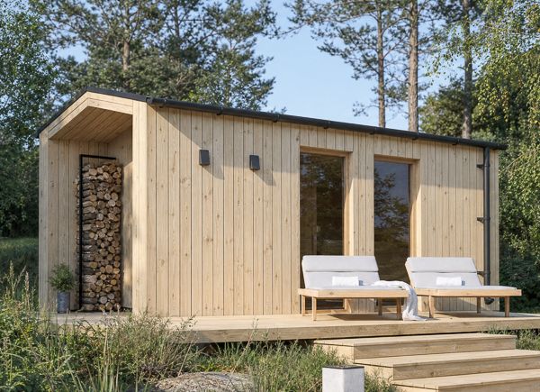 Sauna in legno SERENE 3 con spogliatoio e portico (pino naturale) – 5,3×2,5 m, 10,65 m² thumbnail 1
