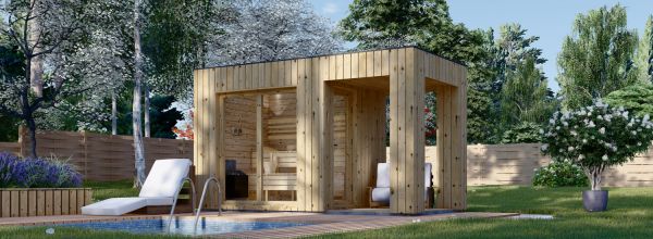 Sauna da esterno DELLA (34 mm + rivestimento), 2,6 x 2,1 m, 3,8 m², terrazza di 3 m²