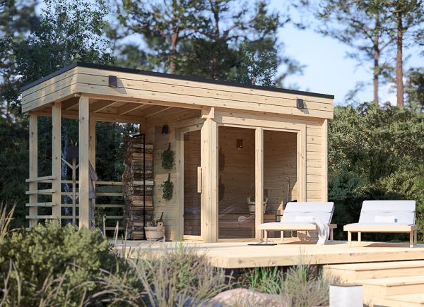 Sauna in legno FREJA con terrazza coperta (tronco massiccio) – 4,5×2,5 m, 9,15 m² avp.ui.product_images.thumbnail 1