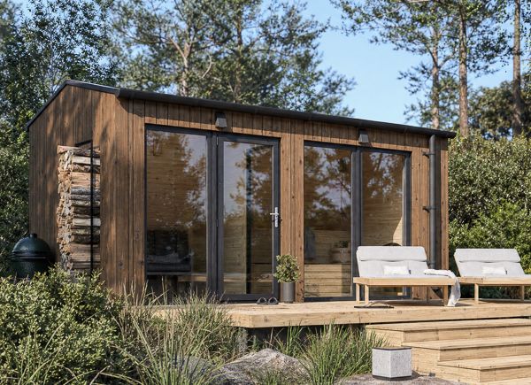 Sauna in legno SERENE 2 con spogliatoio (ThermoWood) – 4,5×2,5 m, 9,35 m² thumbnail 1