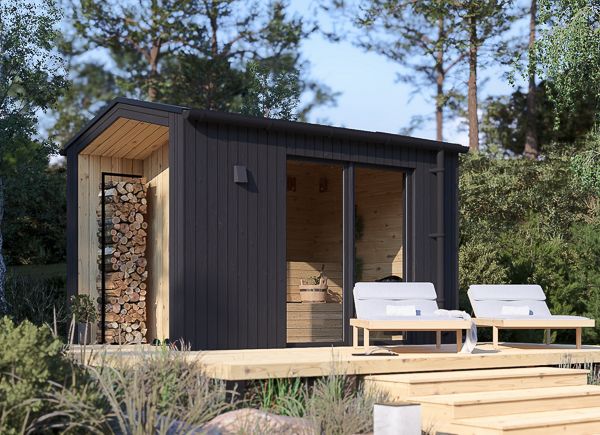 Sauna in legno SERENE 1 con portico (legno bruciato + pino naturale) – 3,3×2,5 m, 6,25 m² avp.ui.product_images.thumbnail 1