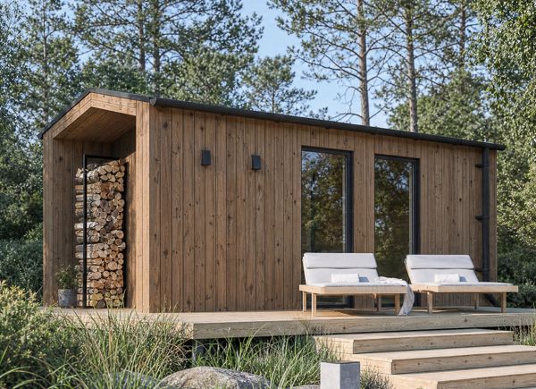 Sauna in legno SERENE 3 con spogliatoio e portico (ThermoWood) – 5,3×2,5 m, 10,65 m² thumbnail 1