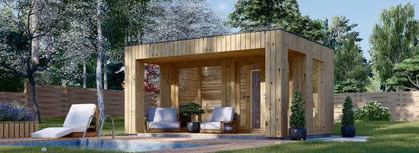 Sauna da esterno con spogliatoio DELLA (34 mm + rivestimento), 4,6 x 2,1 m, 7,2 m², terrazza di 6,7 m²