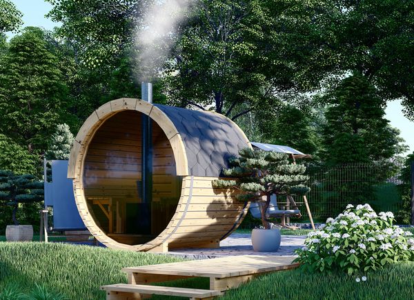 Sauna da esterno a botte HELGA 17 (46 mm), 1.7 m, ⌀ 1.97 m con finestra panoramica (a tutta altezza) avp.ui.product_images.thumbnail 1