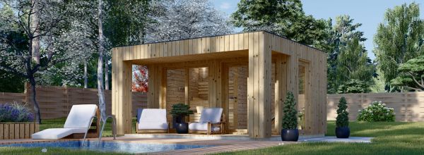 Sauna da esterno con spogliatoio DELLA (34 mm + rivestimento), 4,6 x 2,6 m, 9,3 m², terrazza di 6,7 m²