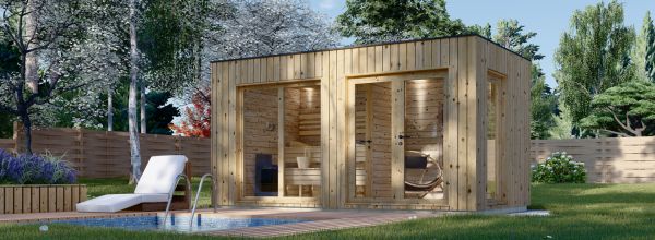 Sauna da esterno con spogliatoio DELLA (34 mm + rivestimento), 4,6 x 2,6 m, 9,3 m²
