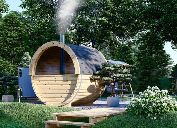 Sauna da esterno a botte HELGA 17 (46 mm), 1.7 m, ⌀ 1.97 m con finestra panoramica (a mezza altezza) avp.ui.product_images.thumbnail 1