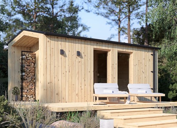 Sauna in legno SERENE 3 con spogliatoio e portico (pino naturale) – 5,3×2,5 m, 10,65 m² avp.ui.product_images.thumbnail 1