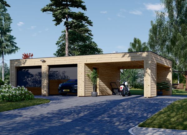 Garage in legno doppio SILVIA F (34 mm + rivestimento), 6x6 m, con tettoia auto in legno 4x6 m avp.ui.product_images.thumbnail 1