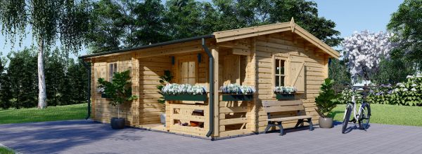 Casetta in legno da giardino NANTES (Coibentata PLUS, 44+44 mm), 6x4.7 m, 24 m² + 3.5 m² di porticato