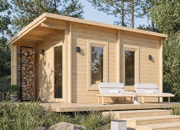Sauna in legno VIGOR 3 con spogliatoio e portico | Tronchi massicci – 5,30×2,50 m, 10,95 m² thumbnail 1