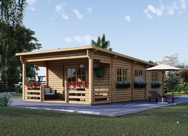 Casa in legno a tetto piatto con porticato HYMER (Coibentata, 44+44 mm), 42 m² + 10 m² avp.ui.product_images.thumbnail 1