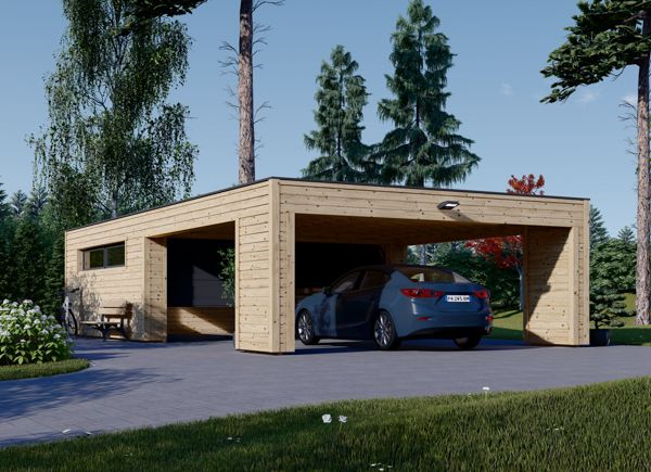 Garage in legno doppio SILVIA F (34 mm + rivestimento), 6x6 m, con tettoia auto (frontale) in legno 6x6 m avp.ui.product_images.thumbnail 1