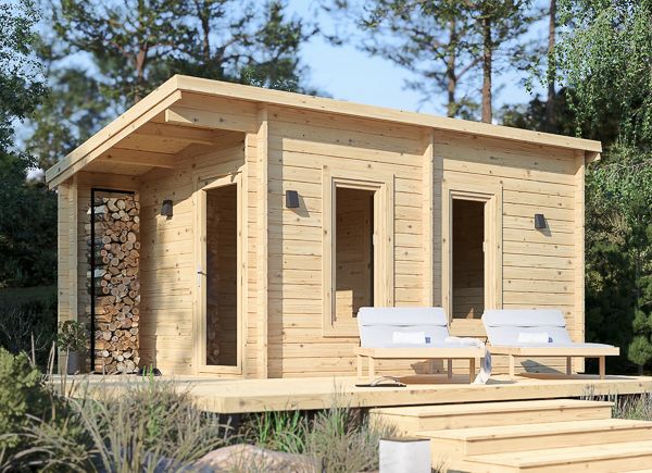 Sauna in legno VIGOR 3 con spogliatoio e portico (tronco massiccio) – 5,3×2,5 m, 10,95 m² thumbnail 1