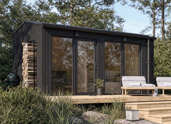 Sauna in legno SERENE 2 con spogliatoio (legno bruciato) – 4,5×2,5 m, 9,35 m² thumbnail 1