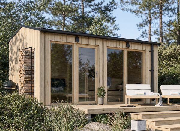 Sauna in legno SERENE 2 con spogliatoio (pino naturale) – 4,5×2,5 m, 9,35 m² thumbnail 1