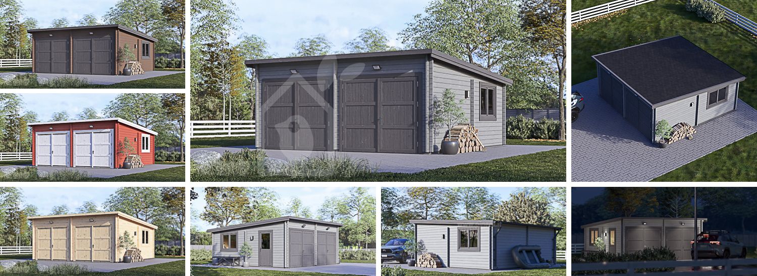 Garage in legno doppio a tetto piatto MODERN (44 mm), 6x6 m, 36 m² visualization 1