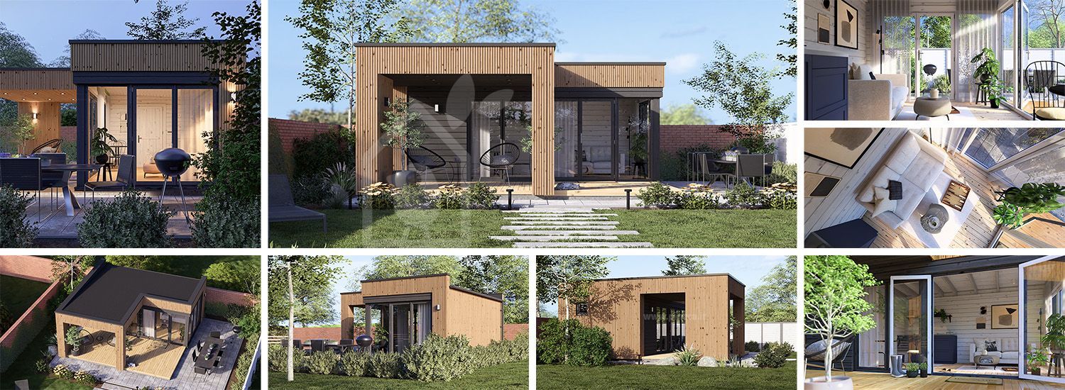 Casetta in legno da giardino INES PLUS con porticato a L (34 mm + rivestimento), 6x6 m, 36 m² visualization 1