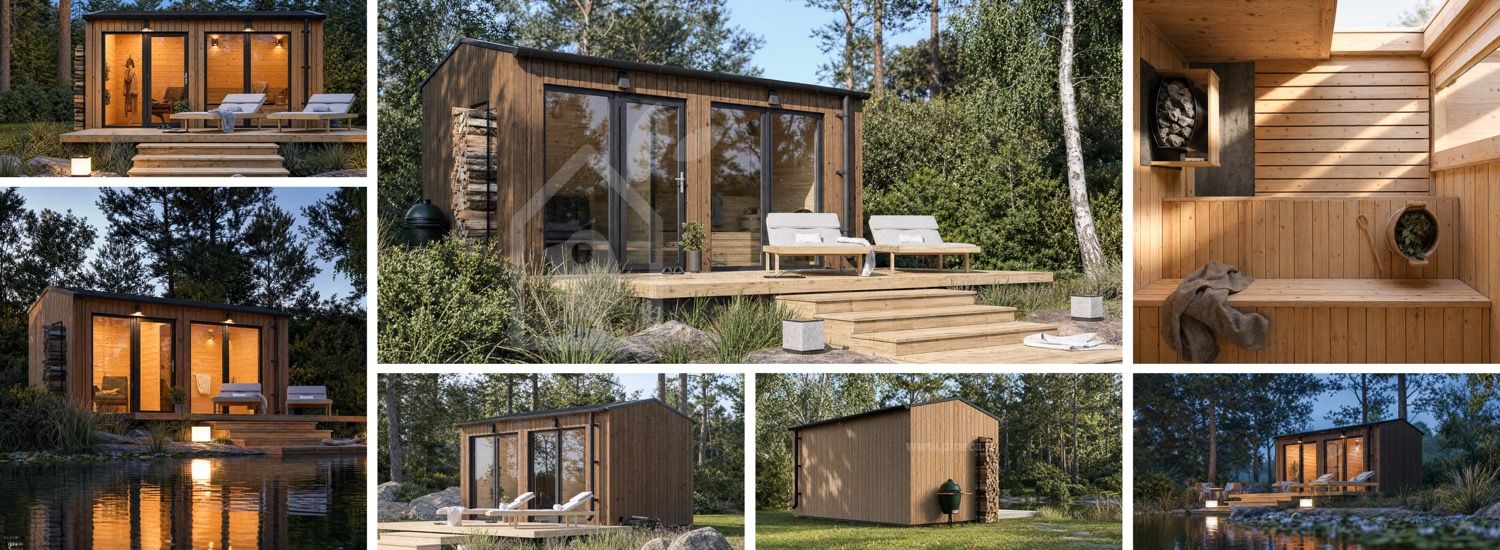Sauna in legno SERENE 2 con spogliatoio (ThermoWood) – 4,5×2,5 m, 9,35 m² visualization 1