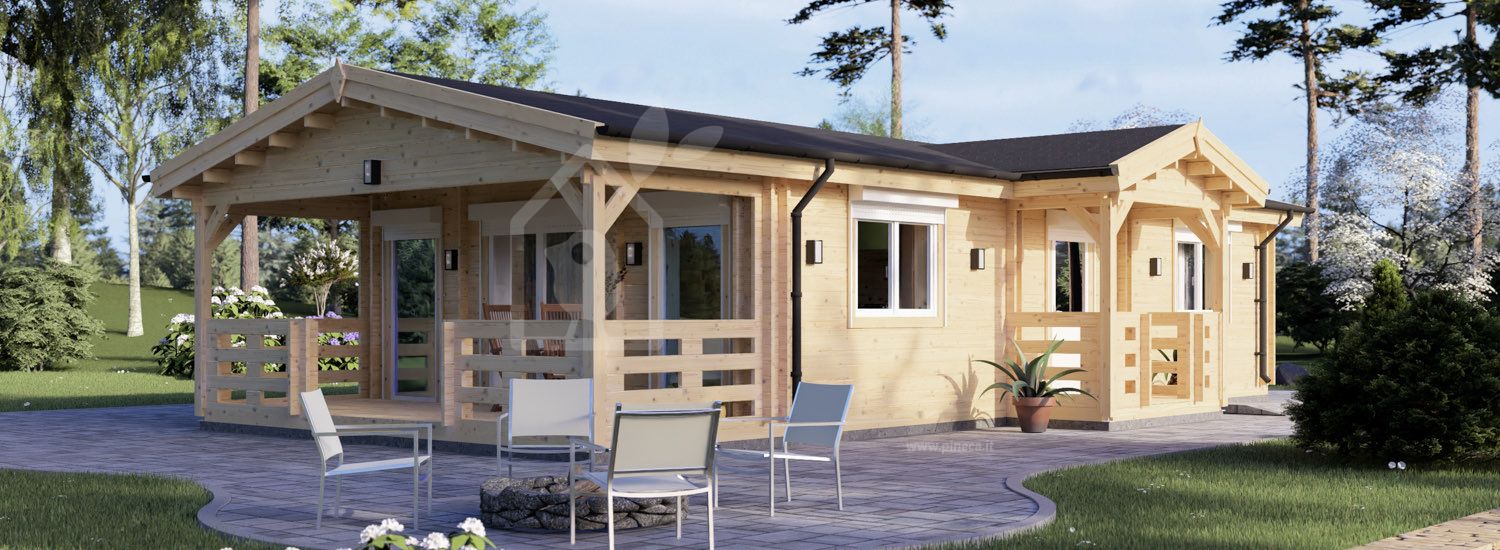 B-Ware: Casa in legno abitabile con porticato DONNA S (Coibentata PLUS, 44+44 mm), 63 m² + 11.5 m² visualization 1