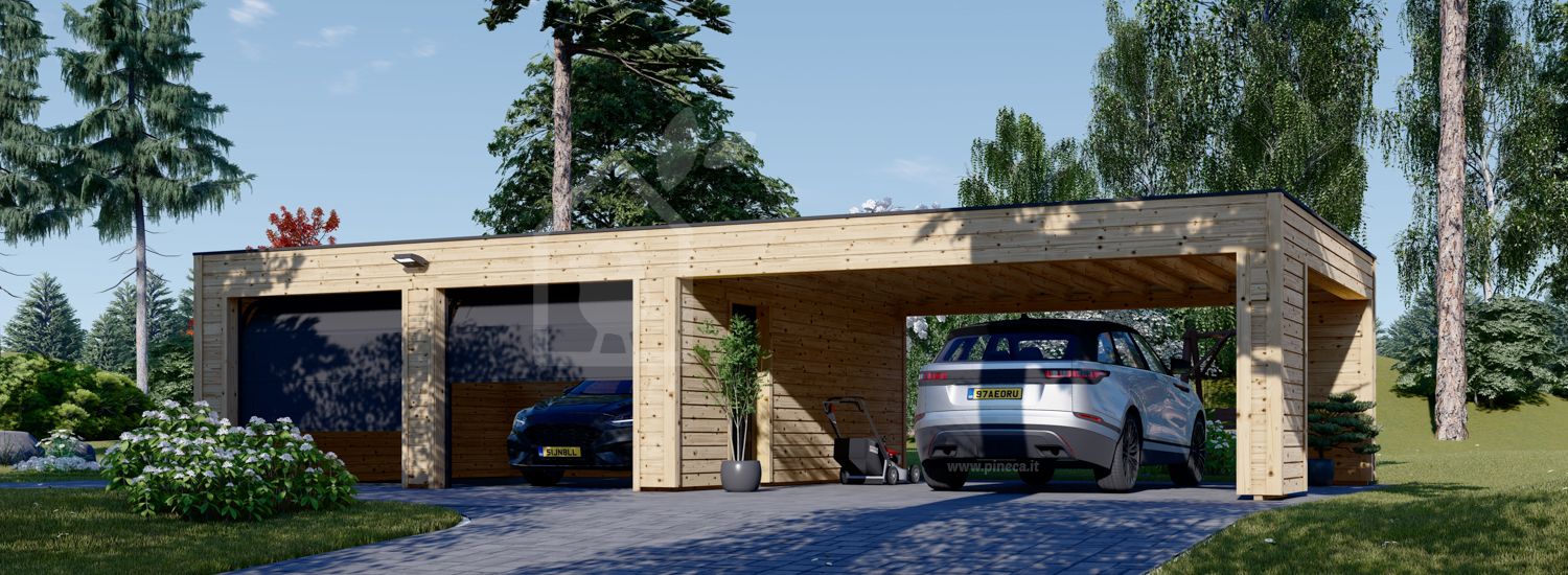 Garage in legno doppio SILVIA F (34 mm + rivestimento), 6x6 m, con tettoia auto in legno 6x6 m visualization 1