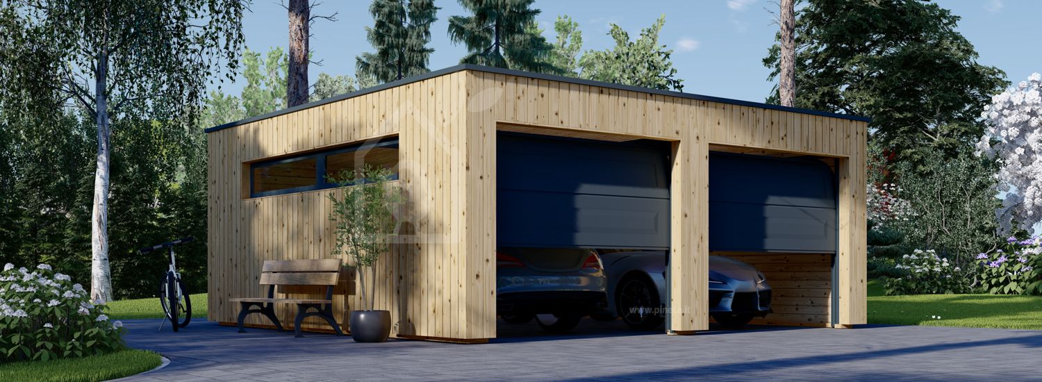 Garage in legno doppio con tetto piano SILVIA DUO F (34 mm + rivestimento), 6x6 m, 36 m² visualization 1