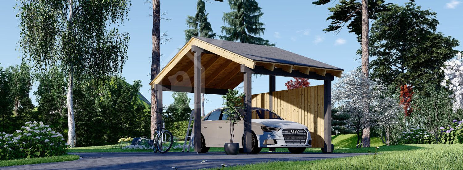 Carport tettoia auto in legno LUNA 3.2x6 m con una parete laterale visualization 1