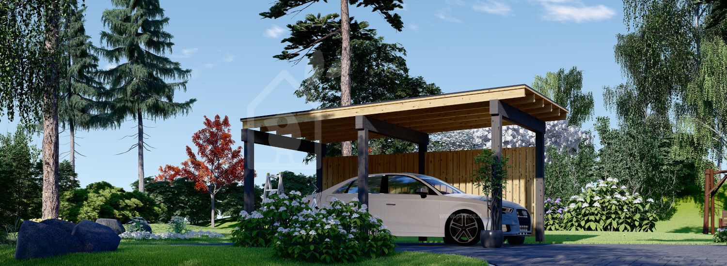 Tettoia auto in legno LUNA F 3.2x6 m con una parete laterale visualization 1