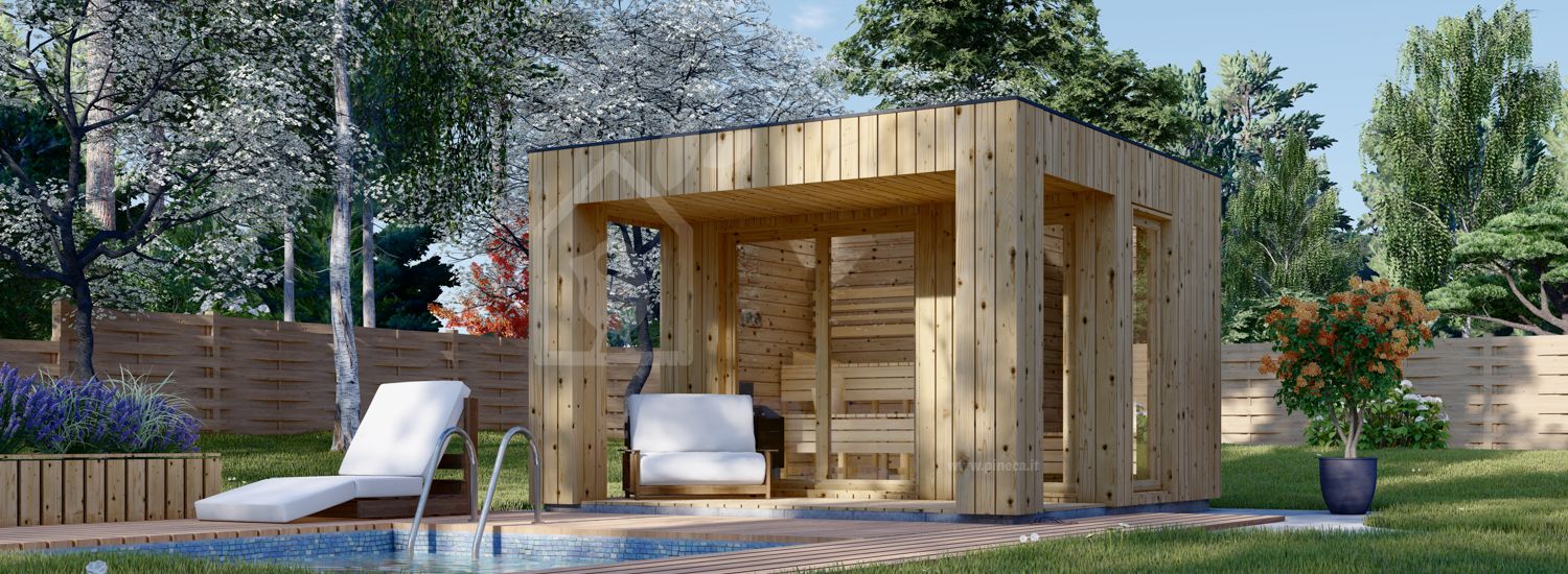 Sauna da esterno DELLA (34 mm + rivestimento), 3,6 x 2,1 m, 5,5 m², terrazza di 5 m² visualization 1