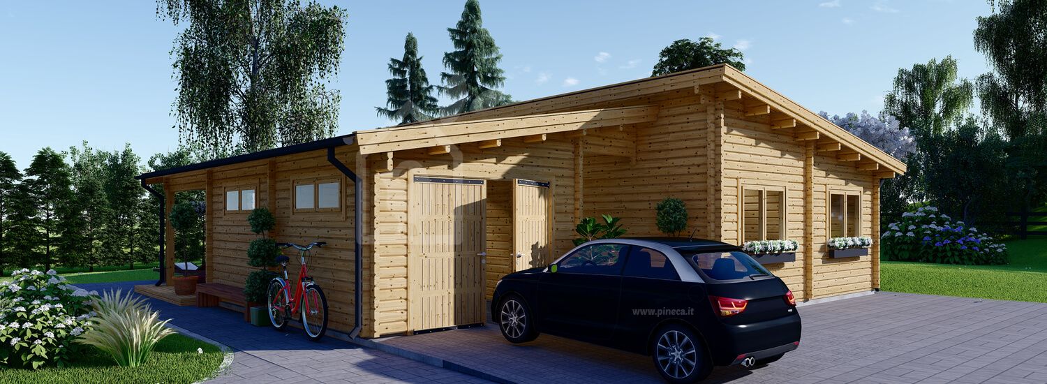 Casa in legno a tetto piatto BERTA (Coibentata PLUS, 44+44 mm), 72 m² + 18 m² di porticato e garage di 20 m² visualization 1