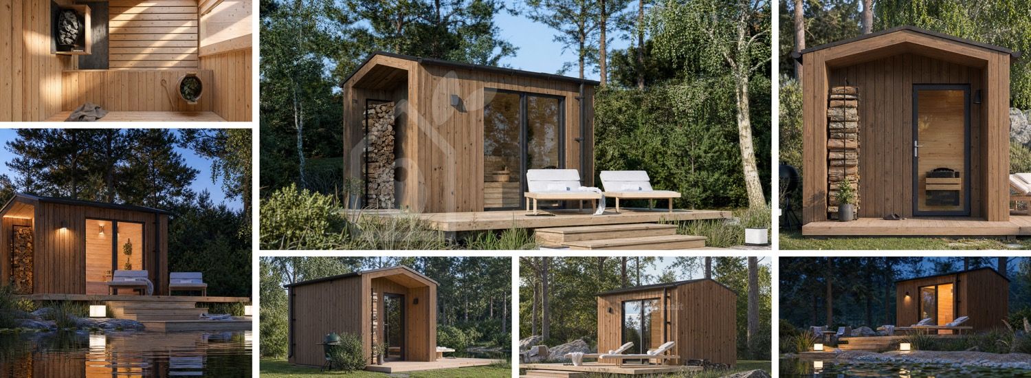 Sauna in legno SERENE 1 con portico (ThermoWood) – 3,3×2,5 m, 6,25 m² visualization 1