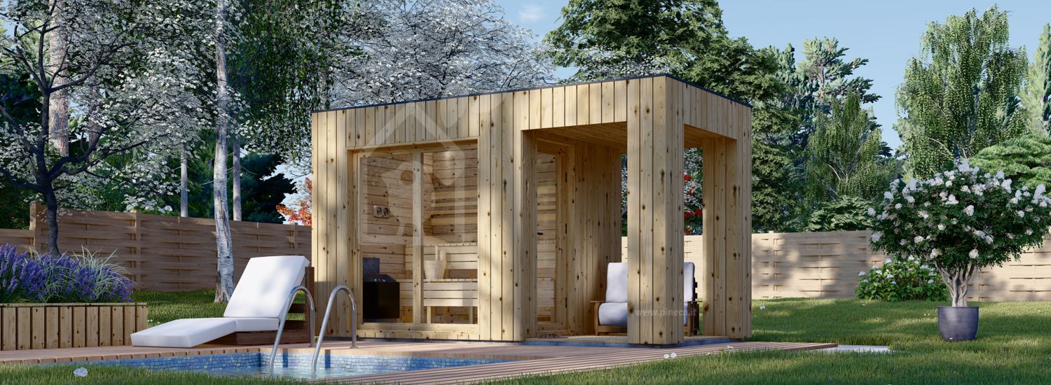 Sauna da esterno DELLA (34 mm + rivestimento), 2,6 x 2,1 m, 3,8 m², terrazza di 3 m² visualization 1