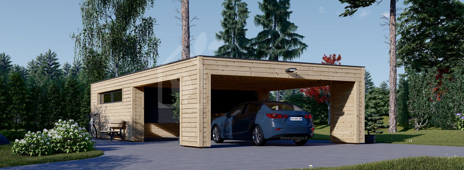 Garage in legno doppio SILVIA F (34 mm + rivestimento), 6x6 m, con tettoia auto (frontale) in legno 6x6 m visualization 1