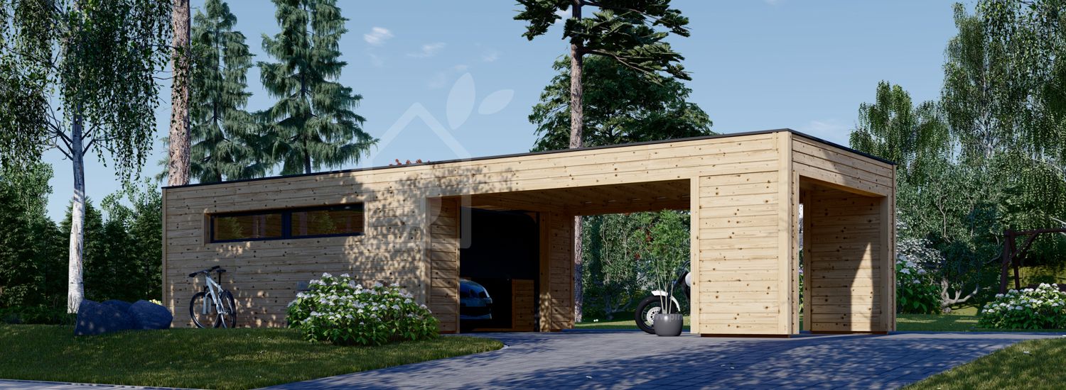 Garage in legno SILVIA F (34 mm + rivestimento), 4x6 m, con tettoia auto (frontale) in legno 4x6 m visualization 1
