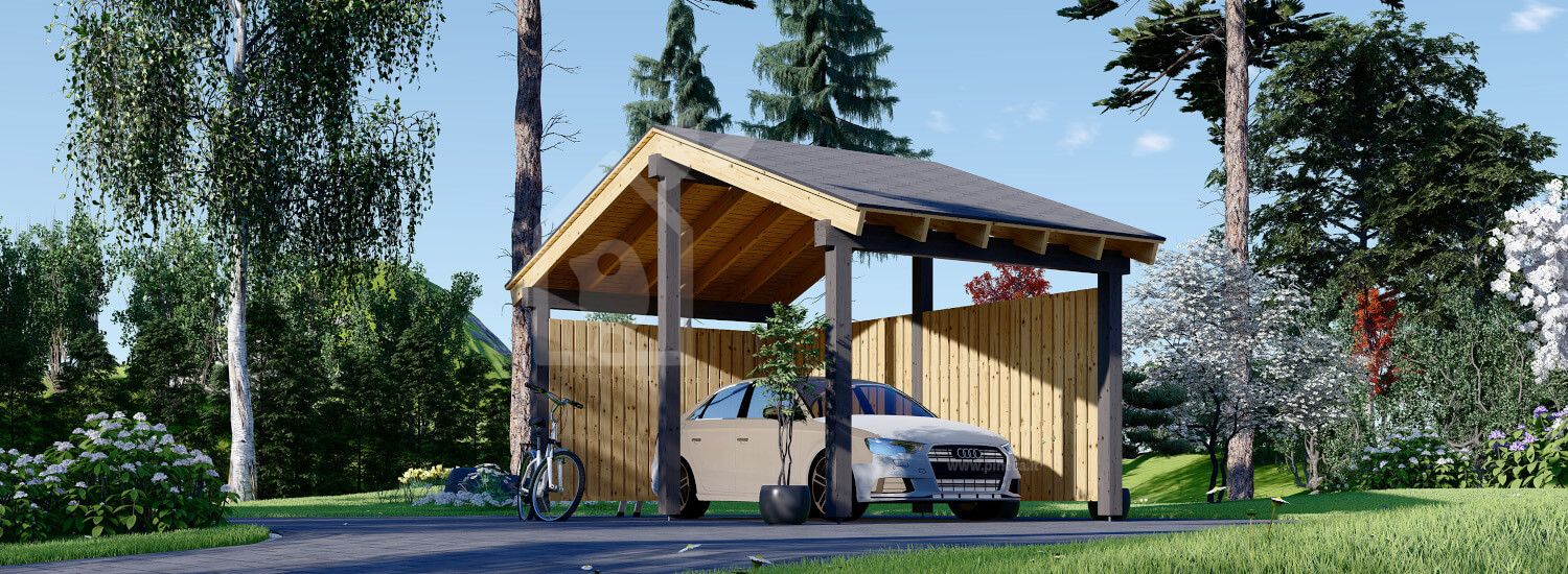 Carport tettoia auto in legno LUNA 3.2x6 m con parete a forma di L visualization 1