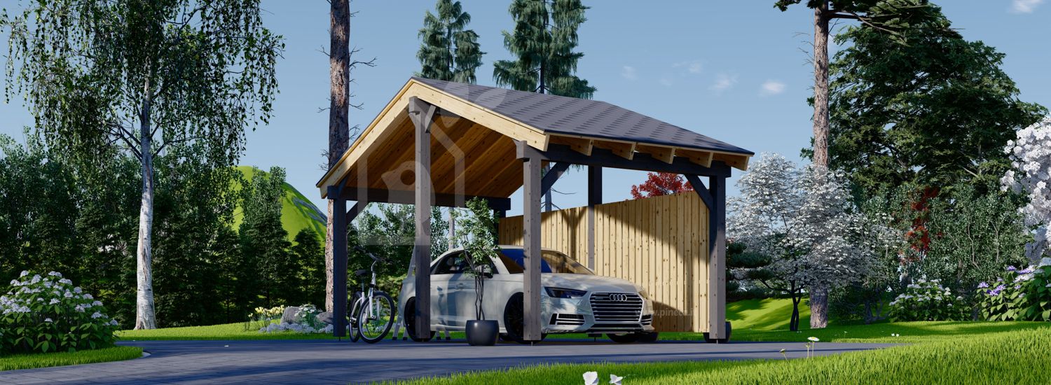Carport tettoia auto in legno LUNA 3.2x6 m con una parete laterale visualization 1