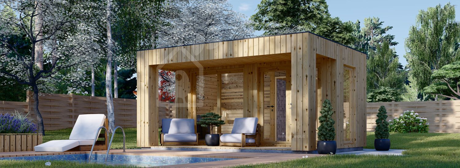 Sauna da esterno con spogliatoio DELLA (34 mm + rivestimento), 4,6 x 2,1 m, 7,2 m², terrazza di 6,7 m² visualization 1
