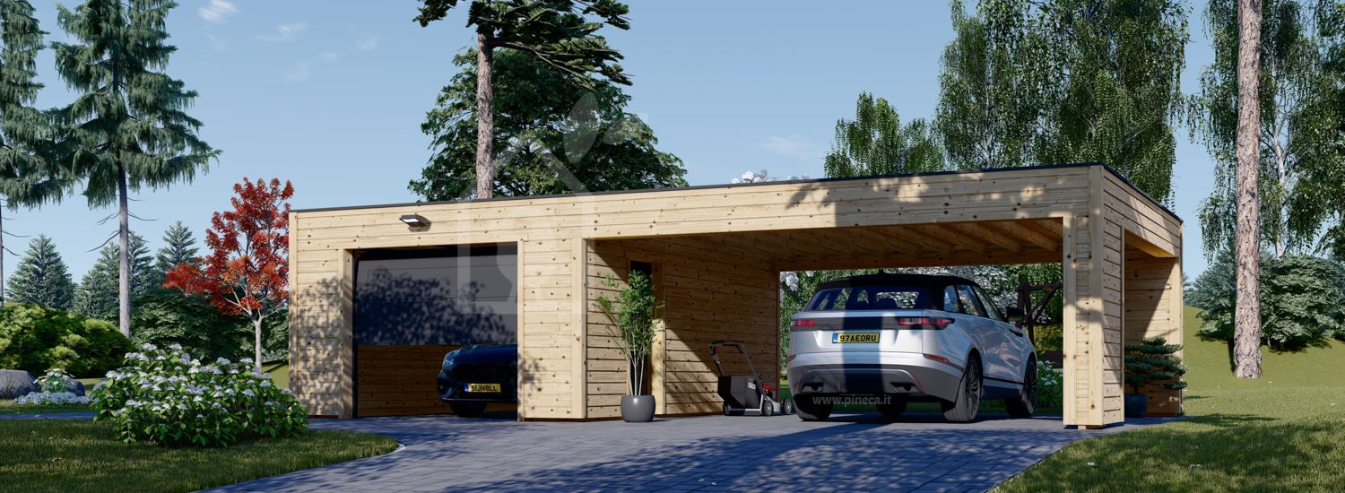 Garage in legno SILVIA F (34 mm + rivestimento), 4x6 m, con tettoia auto in legno 6x6 m visualization 1