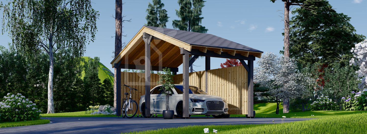 Carport tettoia auto in legno LUNA 3.2x6 m con parete a forma di L visualization 1