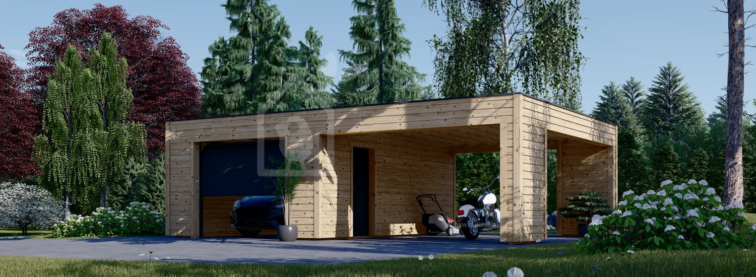Garage in legno SILVIA F (34 mm + rivestimento), 4x6 m, con tettoia auto in legno 4x6 m visualization 1