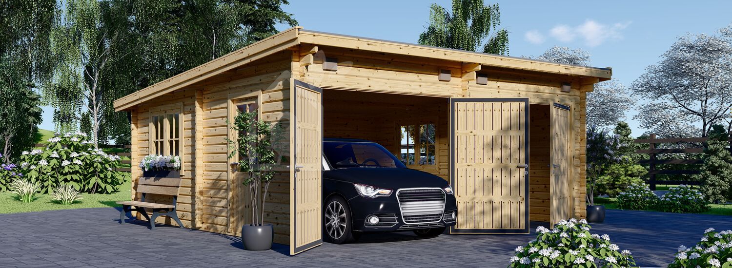 Garage in legno doppio a tetto piatto MODERN (44 mm), 6x6 m, 36 m² visualization 1