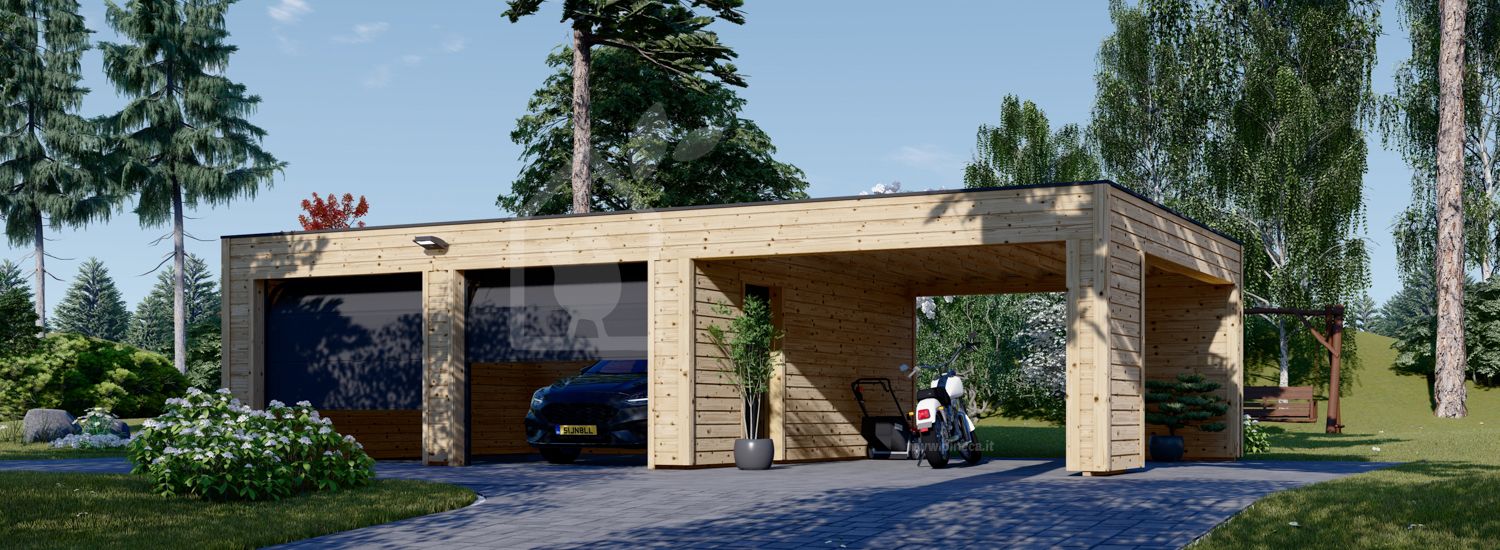 Garage in legno doppio SILVIA F (34 mm + rivestimento), 6x6 m, con tettoia auto in legno 4x6 m visualization 1